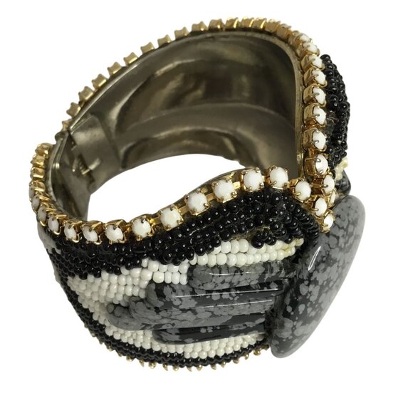 VTG HANSEN Signed 1988 Obsidian Stone Beaded Cuff Bracelet Clip-On Earrings Set - Picture 6 of 16